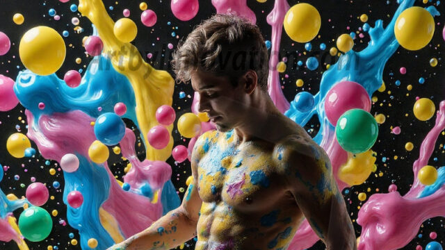 Paint Splat Fun - Hot men having fun with body paint. AI-generated abstract art featuring beautiful, handsome, sexy, shirtless, men, boys, lads, full of excitement joy and fun, covered in body paint, dynamic, interactive, Combining elements of realism with surreal abstract qualities, showcasing the potential of AI in artistic expression. Photos of guys, just smiling, happy, and having a good time. Most of them are smiling because a paint bomb just blow up next to them, so I'm calling is Abstract Art. When paint attacks and makes people happy, it's Art!