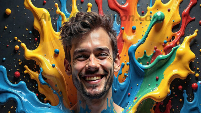 Paint Splat Fun - Hot men having fun with body paint. AI-generated abstract art featuring beautiful, handsome, sexy, shirtless, men, boys, lads, full of excitement joy and fun, covered in body paint, dynamic, interactive, Combining elements of realism with surreal abstract qualities, showcasing the potential of AI in artistic expression. Photos of guys, just smiling, happy, and having a good time. Most of them are smiling because a paint bomb just blow up next to them, so I'm calling is Abstract Art. When paint attacks and makes people happy, it's Art!