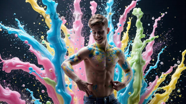 Paint Splat Fun - Hot men having fun with body paint. AI-generated abstract art featuring beautiful, handsome, sexy, shirtless, men, boys, lads, full of excitement joy and fun, covered in body paint, dynamic, interactive, Combining elements of realism with surreal abstract qualities, showcasing the potential of AI in artistic expression. Photos of guys, just smiling, happy, and having a good time. Most of them are smiling because a paint bomb just blow up next to them, so I'm calling is Abstract Art. When paint attacks and makes people happy, it's Art!