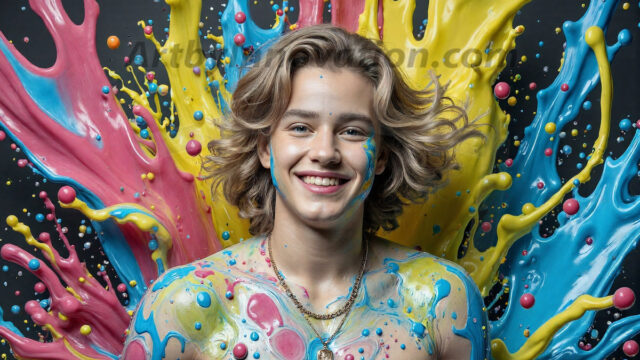 Paint Splat Fun - Hot men having fun with body paint. AI-generated abstract art featuring beautiful, handsome, sexy, shirtless, men, boys, lads, full of excitement joy and fun, covered in body paint, dynamic, interactive, Combining elements of realism with surreal abstract qualities, showcasing the potential of AI in artistic expression. Photos of guys, just smiling, happy, and having a good time. Most of them are smiling because a paint bomb just blow up next to them, so I'm calling is Abstract Art. When paint attacks and makes people happy, it's Art!