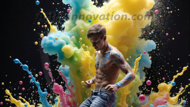 Paint Splat Fun - Hot men having fun with body paint. AI-generated abstract art featuring beautiful, handsome, sexy, shirtless, men, boys, lads, full of excitement joy and fun, covered in body paint, dynamic, interactive, Combining elements of realism with surreal abstract qualities, showcasing the potential of AI in artistic expression. Photos of guys, just smiling, happy, and having a good time. Most of them are smiling because a paint bomb just blow up next to them, so I'm calling is Abstract Art. When paint attacks and makes people happy, it's Art!