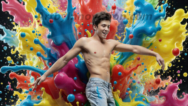 Paint Splat Fun - Hot men having fun with body paint. AI-generated abstract art featuring beautiful, handsome, sexy, shirtless, men, boys, lads, full of excitement joy and fun, covered in body paint, dynamic, interactive, Combining elements of realism with surreal abstract qualities, showcasing the potential of AI in artistic expression. Photos of guys, just smiling, happy, and having a good time. Most of them are smiling because a paint bomb just blow up next to them, so I'm calling is Abstract Art. When paint attacks and makes people happy, it's Art!