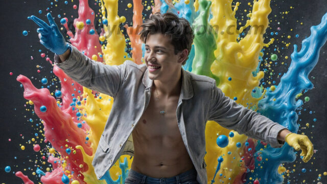 Paint Splat Fun - Hot men having fun with body paint. AI-generated abstract art featuring beautiful, handsome, sexy, shirtless, men, boys, lads, full of excitement joy and fun, covered in body paint, dynamic, interactive, Combining elements of realism with surreal abstract qualities, showcasing the potential of AI in artistic expression. Photos of guys, just smiling, happy, and having a good time. Most of them are smiling because a paint bomb just blow up next to them, so I'm calling is Abstract Art. When paint attacks and makes people happy, it's Art!