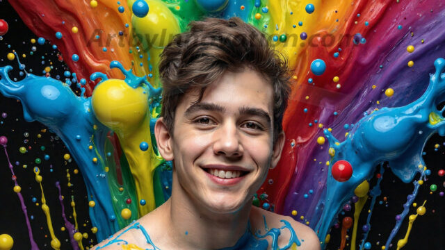 Paint Splat Fun - Hot men having fun with body paint. AI-generated abstract art featuring beautiful, handsome, sexy, shirtless, men, boys, lads, full of excitement joy and fun, covered in body paint, dynamic, interactive, Combining elements of realism with surreal abstract qualities, showcasing the potential of AI in artistic expression. Photos of guys, just smiling, happy, and having a good time. Most of them are smiling because a paint bomb just blow up next to them, so I'm calling is Abstract Art. When paint attacks and makes people happy, it's Art!