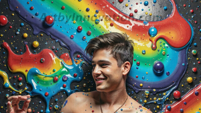 Paint Splat Fun - Hot men having fun with body paint. AI-generated abstract art featuring beautiful, handsome, sexy, shirtless, men, boys, lads, full of excitement joy and fun, covered in body paint, dynamic, interactive, Combining elements of realism with surreal abstract qualities, showcasing the potential of AI in artistic expression. Photos of guys, just smiling, happy, and having a good time. Most of them are smiling because a paint bomb just blow up next to them, so I'm calling is Abstract Art. When paint attacks and makes people happy, it's Art!