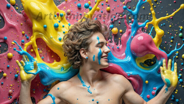 Paint Splat Fun - Hot men having fun with body paint. AI-generated abstract art featuring beautiful, handsome, sexy, shirtless, men, boys, lads, full of excitement joy and fun, covered in body paint, dynamic, interactive, Combining elements of realism with surreal abstract qualities, showcasing the potential of AI in artistic expression. Photos of guys, just smiling, happy, and having a good time. Most of them are smiling because a paint bomb just blow up next to them, so I'm calling is Abstract Art. When paint attacks and makes people happy, it's Art!