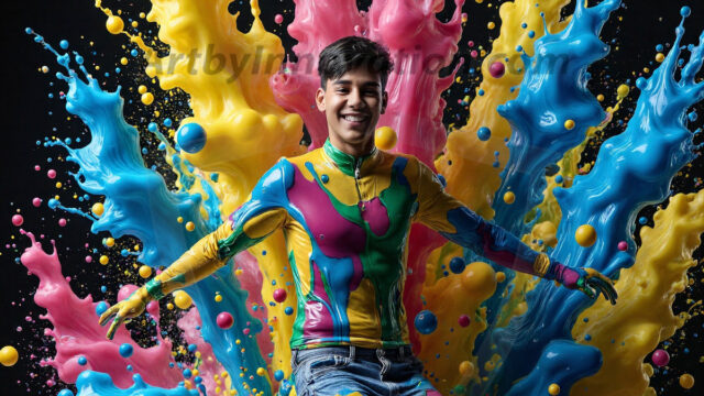 Paint Splat Fun - Hot men having fun with body paint. AI-generated abstract art featuring beautiful, handsome, sexy, shirtless, men, boys, lads, full of excitement joy and fun, covered in body paint, dynamic, interactive, Combining elements of realism with surreal abstract qualities, showcasing the potential of AI in artistic expression. Photos of guys, just smiling, happy, and having a good time. Most of them are smiling because a paint bomb just blow up next to them, so I'm calling is Abstract Art. When paint attacks and makes people happy, it's Art!