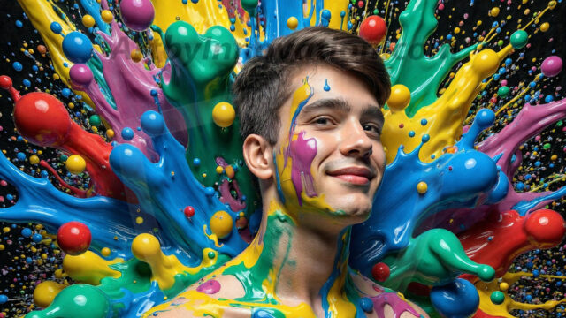 Paint Splat Fun - Hot men having fun with body paint. AI-generated abstract art featuring beautiful, handsome, sexy, shirtless, men, boys, lads, full of excitement joy and fun, covered in body paint, dynamic, interactive, Combining elements of realism with surreal abstract qualities, showcasing the potential of AI in artistic expression. Photos of guys, just smiling, happy, and having a good time. Most of them are smiling because a paint bomb just blow up next to them, so I'm calling is Abstract Art. When paint attacks and makes people happy, it's Art!