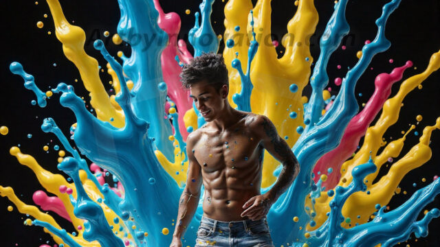 Paint Splat Fun - Hot men having fun with body paint. AI-generated abstract art featuring beautiful, handsome, sexy, shirtless, men, boys, lads, full of excitement joy and fun, covered in body paint, dynamic, interactive, Combining elements of realism with surreal abstract qualities, showcasing the potential of AI in artistic expression. Photos of guys, just smiling, happy, and having a good time. Most of them are smiling because a paint bomb just blow up next to them, so I'm calling is Abstract Art. When paint attacks and makes people happy, it's Art!
