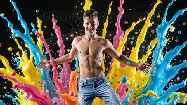 Paint Splat Fun - Hot men having fun with body paint. AI-generated abstract art featuring beautiful, handsome, sexy, shirtless, men, boys, lads, full of excitement joy and fun, covered in body paint, dynamic, interactive, Combining elements of realism with surreal abstract qualities, showcasing the potential of AI in artistic expression. Photos of guys, just smiling, happy, and having a good time. Most of them are smiling because a paint bomb just blow up next to them, so I'm calling is Abstract Art. When paint attacks and makes people happy, it's Art!