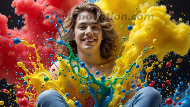 Paint Splat Fun - Hot men having fun with body paint. AI-generated abstract art featuring beautiful, handsome, sexy, shirtless, men, boys, lads, full of excitement joy and fun, covered in body paint, dynamic, interactive, Combining elements of realism with surreal abstract qualities, showcasing the potential of AI in artistic expression. Photos of guys, just smiling, happy, and having a good time. Most of them are smiling because a paint bomb just blow up next to them, so I'm calling is Abstract Art. When paint attacks and makes people happy, it's Art!