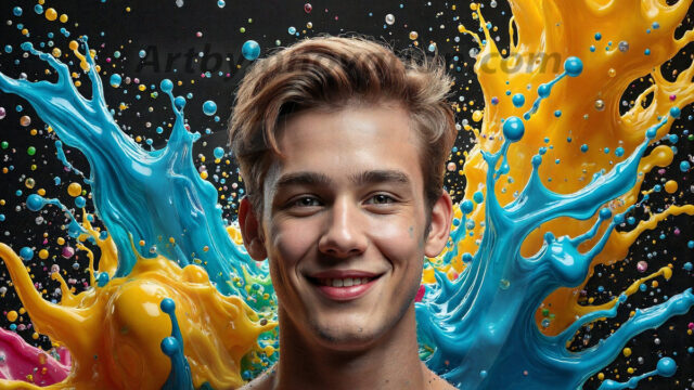 Paint Splat Fun - Hot men having fun with body paint. AI-generated abstract art featuring beautiful, handsome, sexy, shirtless, men, boys, lads, full of excitement joy and fun, covered in body paint, dynamic, interactive, Combining elements of realism with surreal abstract qualities, showcasing the potential of AI in artistic expression. Photos of guys, just smiling, happy, and having a good time. Most of them are smiling because a paint bomb just blow up next to them, so I'm calling is Abstract Art. When paint attacks and makes people happy, it's Art!