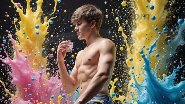 Paint Splat Fun - Hot men having fun with body paint. AI-generated abstract art featuring beautiful, handsome, sexy, shirtless, men, boys, lads, full of excitement joy and fun, covered in body paint, dynamic, interactive, Combining elements of realism with surreal abstract qualities, showcasing the potential of AI in artistic expression. Photos of guys, just smiling, happy, and having a good time. Most of them are smiling because a paint bomb just blow up next to them, so I'm calling is Abstract Art. When paint attacks and makes people happy, it's Art!