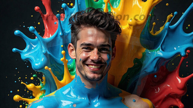 Paint Splat Fun - Hot men having fun with body paint. AI-generated abstract art featuring beautiful, handsome, sexy, shirtless, men, boys, lads, full of excitement joy and fun, covered in body paint, dynamic, interactive, Combining elements of realism with surreal abstract qualities, showcasing the potential of AI in artistic expression. Photos of guys, just smiling, happy, and having a good time. Most of them are smiling because a paint bomb just blow up next to them, so I'm calling is Abstract Art. When paint attacks and makes people happy, it's Art!