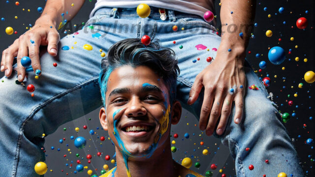Paint Splat Fun - Hot men having fun with body paint. AI-generated abstract art featuring beautiful, handsome, sexy, shirtless, men, boys, lads, full of excitement joy and fun, covered in body paint, dynamic, interactive, Combining elements of realism with surreal abstract qualities, showcasing the potential of AI in artistic expression. Photos of guys, just smiling, happy, and having a good time. Most of them are smiling because a paint bomb just blow up next to them, so I'm calling is Abstract Art. When paint attacks and makes people happy, it's Art!