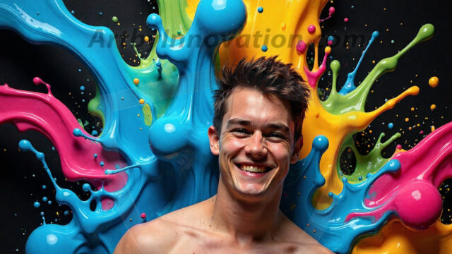 Paint Splat Fun - Hot men having fun with body paint. AI-generated abstract art featuring beautiful, handsome, sexy, shirtless, men, boys, lads, full of excitement joy and fun, covered in body paint, dynamic, interactive, Combining elements of realism with surreal abstract qualities, showcasing the potential of AI in artistic expression. Photos of guys, just smiling, happy, and having a good time. Most of them are smiling because a paint bomb just blow up next to them, so I'm calling is Abstract Art. When paint attacks and makes people happy, it's Art!