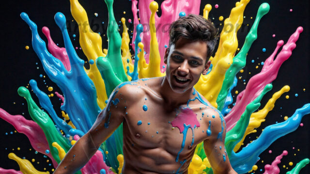 Paint Splat Fun - Hot men having fun with body paint. AI-generated abstract art featuring beautiful, handsome, sexy, shirtless, men, boys, lads, full of excitement joy and fun, covered in body paint, dynamic, interactive, Combining elements of realism with surreal abstract qualities, showcasing the potential of AI in artistic expression. Photos of guys, just smiling, happy, and having a good time. Most of them are smiling because a paint bomb just blow up next to them, so I'm calling is Abstract Art. When paint attacks and makes people happy, it's Art!