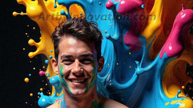 Paint Splat Fun - Hot men having fun with body paint. AI-generated abstract art featuring beautiful, handsome, sexy, shirtless, men, boys, lads, full of excitement joy and fun, covered in body paint, dynamic, interactive, Combining elements of realism with surreal abstract qualities, showcasing the potential of AI in artistic expression. Photos of guys, just smiling, happy, and having a good time. Most of them are smiling because a paint bomb just blow up next to them, so I'm calling is Abstract Art. When paint attacks and makes people happy, it's Art!