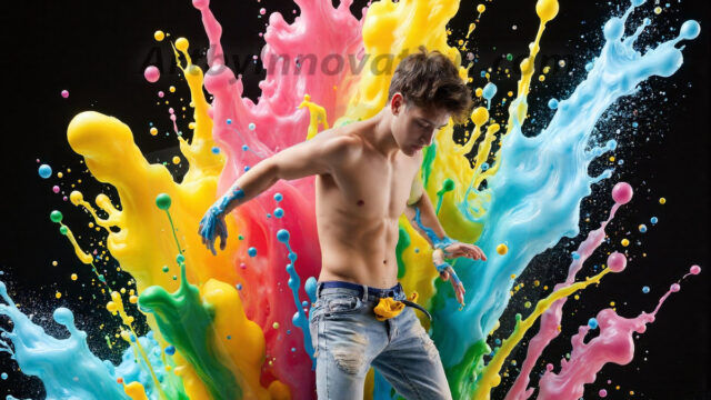 Paint Splat Fun - Hot men having fun with body paint. AI-generated abstract art featuring beautiful, handsome, sexy, shirtless, men, boys, lads, full of excitement joy and fun, covered in body paint, dynamic, interactive, Combining elements of realism with surreal abstract qualities, showcasing the potential of AI in artistic expression. Photos of guys, just smiling, happy, and having a good time. Most of them are smiling because a paint bomb just blow up next to them, so I'm calling is Abstract Art. When paint attacks and makes people happy, it's Art!