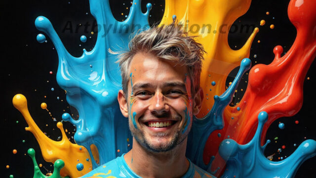 Paint Splat Fun - Hot men having fun with body paint. AI-generated abstract art featuring beautiful, handsome, sexy, shirtless, men, boys, lads, full of excitement joy and fun, covered in body paint, dynamic, interactive, Combining elements of realism with surreal abstract qualities, showcasing the potential of AI in artistic expression. Photos of guys, just smiling, happy, and having a good time. Most of them are smiling because a paint bomb just blow up next to them, so I'm calling is Abstract Art. When paint attacks and makes people happy, it's Art!