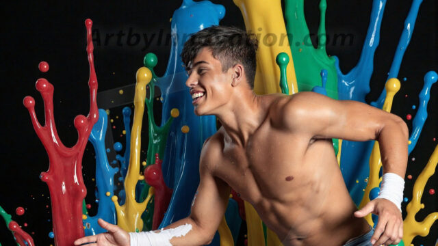 Paint Splat Fun - Hot men having fun with body paint. AI-generated abstract art featuring beautiful, handsome, sexy, shirtless, men, boys, lads, full of excitement joy and fun, covered in body paint, dynamic, interactive, Combining elements of realism with surreal abstract qualities, showcasing the potential of AI in artistic expression. Photos of guys, just smiling, happy, and having a good time. Most of them are smiling because a paint bomb just blow up next to them, so I'm calling is Abstract Art. When paint attacks and makes people happy, it's Art!