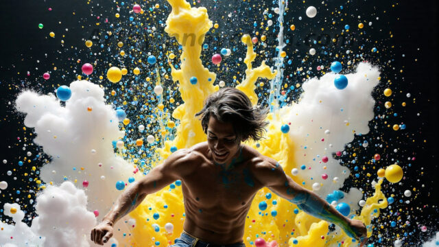 Paint Splat Fun - Hot men having fun with body paint. AI-generated abstract art featuring beautiful, handsome, sexy, shirtless, men, boys, lads, full of excitement joy and fun, covered in body paint, dynamic, interactive, Combining elements of realism with surreal abstract qualities, showcasing the potential of AI in artistic expression. Photos of guys, just smiling, happy, and having a good time. Most of them are smiling because a paint bomb just blow up next to them, so I'm calling is Abstract Art. When paint attacks and makes people happy, it's Art!