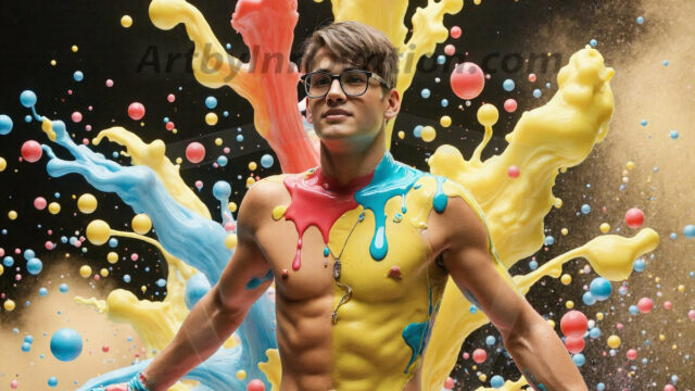 Paint Splat Fun - Hot men having fun with body paint. AI-generated abstract art featuring beautiful, handsome, sexy, shirtless, men, boys, lads, full of excitement joy and fun, covered in body paint, dynamic, interactive, Combining elements of realism with surreal abstract qualities, showcasing the potential of AI in artistic expression. Photos of guys, just smiling, happy, and having a good time. Most of them are smiling because a paint bomb just blow up next to them, so I'm calling is Abstract Art. When paint attacks and makes people happy, it's Art!