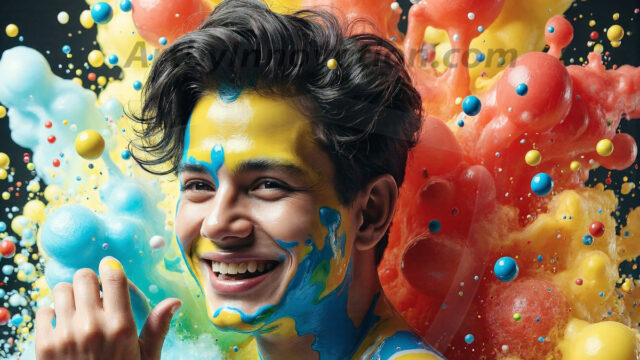 Paint Splat Fun - Hot men having fun with body paint. AI-generated abstract art featuring beautiful, handsome, sexy, shirtless, men, boys, lads, full of excitement joy and fun, covered in body paint, dynamic, interactive, Combining elements of realism with surreal abstract qualities, showcasing the potential of AI in artistic expression. Photos of guys, just smiling, happy, and having a good time. Most of them are smiling because a paint bomb just blow up next to them, so I'm calling is Abstract Art. When paint attacks and makes people happy, it's Art!
