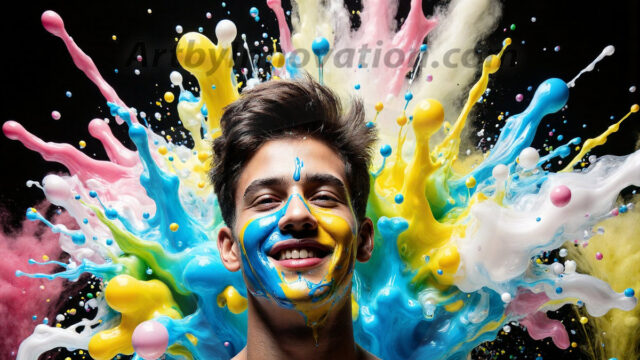 Paint Splat Fun - Hot men having fun with body paint. AI-generated abstract art featuring beautiful, handsome, sexy, shirtless, men, boys, lads, full of excitement joy and fun, covered in body paint, dynamic, interactive, Combining elements of realism with surreal abstract qualities, showcasing the potential of AI in artistic expression. Photos of guys, just smiling, happy, and having a good time. Most of them are smiling because a paint bomb just blow up next to them, so I'm calling is Abstract Art. When paint attacks and makes people happy, it's Art!