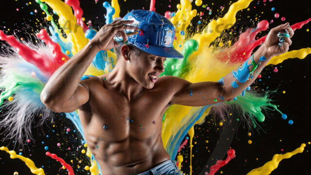 Paint Splat Fun - Hot men having fun with body paint. AI-generated abstract art featuring beautiful, handsome, sexy, shirtless, men, boys, lads, full of excitement joy and fun, covered in body paint, dynamic, interactive, Combining elements of realism with surreal abstract qualities, showcasing the potential of AI in artistic expression. Photos of guys, just smiling, happy, and having a good time. Most of them are smiling because a paint bomb just blow up next to them, so I'm calling is Abstract Art. When paint attacks and makes people happy, it's Art!