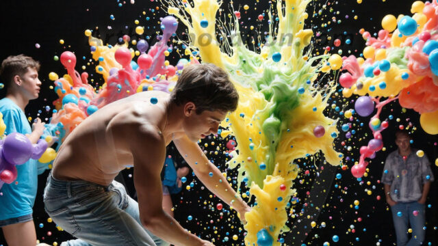 Paint Splat Fun - Hot men having fun with body paint. AI-generated abstract art featuring beautiful, handsome, sexy, shirtless, men, boys, lads, full of excitement joy and fun, covered in body paint, dynamic, interactive, Combining elements of realism with surreal abstract qualities, showcasing the potential of AI in artistic expression. Photos of guys, just smiling, happy, and having a good time. Most of them are smiling because a paint bomb just blow up next to them, so I'm calling is Abstract Art. When paint attacks and makes people happy, it's Art!