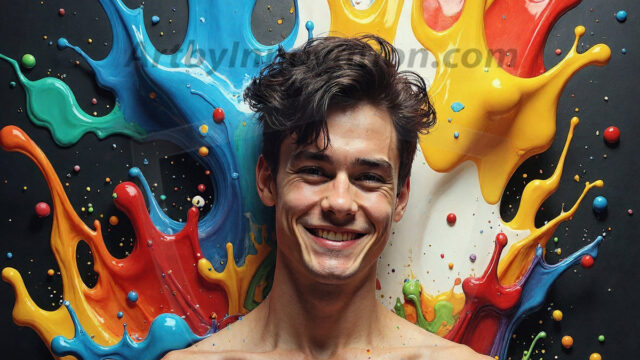 Paint Splat Fun - Hot men having fun with body paint. AI-generated abstract art featuring beautiful, handsome, sexy, shirtless, men, boys, lads, full of excitement joy and fun, covered in body paint, dynamic, interactive, Combining elements of realism with surreal abstract qualities, showcasing the potential of AI in artistic expression. Photos of guys, just smiling, happy, and having a good time. Most of them are smiling because a paint bomb just blow up next to them, so I'm calling is Abstract Art. When paint attacks and makes people happy, it's Art!