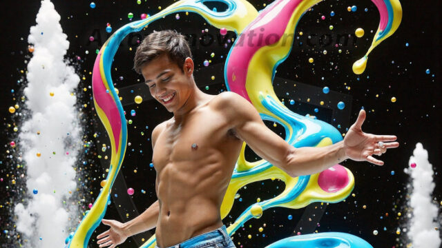 Paint Splat Fun - Hot men having fun with body paint. AI-generated abstract art featuring beautiful, handsome, sexy, shirtless, men, boys, lads, full of excitement joy and fun, covered in body paint, dynamic, interactive, Combining elements of realism with surreal abstract qualities, showcasing the potential of AI in artistic expression. Photos of guys, just smiling, happy, and having a good time. Most of them are smiling because a paint bomb just blow up next to them, so I'm calling is Abstract Art. When paint attacks and makes people happy, it's Art!