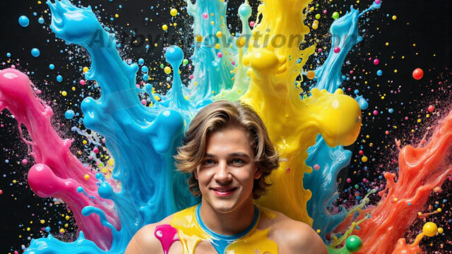 Paint Splat Fun - Hot men having fun with body paint. AI-generated abstract art featuring beautiful, handsome, sexy, shirtless, men, boys, lads, full of excitement joy and fun, covered in body paint, dynamic, interactive, Combining elements of realism with surreal abstract qualities, showcasing the potential of AI in artistic expression. Photos of guys, just smiling, happy, and having a good time. Most of them are smiling because a paint bomb just blow up next to them, so I'm calling is Abstract Art. When paint attacks and makes people happy, it's Art!