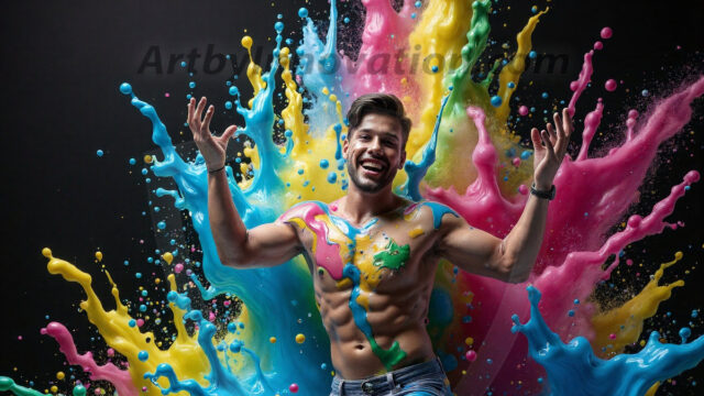 Paint Splat Fun - Hot men having fun with body paint. AI-generated abstract art featuring beautiful, handsome, sexy, shirtless, men, boys, lads, full of excitement joy and fun, covered in body paint, dynamic, interactive, Combining elements of realism with surreal abstract qualities, showcasing the potential of AI in artistic expression. Photos of guys, just smiling, happy, and having a good time. Most of them are smiling because a paint bomb just blow up next to them, so I'm calling is Abstract Art. When paint attacks and makes people happy, it's Art!