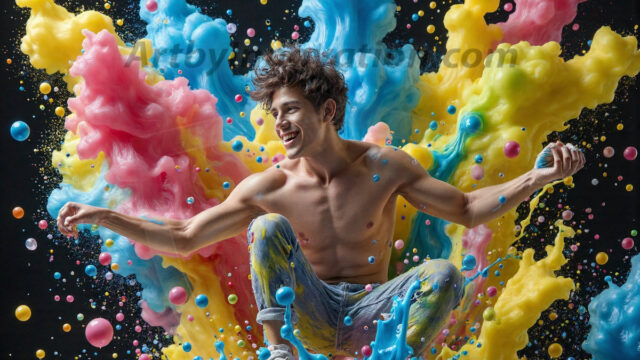 Paint Splat Fun - Hot men having fun with body paint. AI-generated abstract art featuring beautiful, handsome, sexy, shirtless, men, boys, lads, full of excitement joy and fun, covered in body paint, dynamic, interactive, Combining elements of realism with surreal abstract qualities, showcasing the potential of AI in artistic expression. Photos of guys, just smiling, happy, and having a good time. Most of them are smiling because a paint bomb just blow up next to them, so I'm calling is Abstract Art. When paint attacks and makes people happy, it's Art!