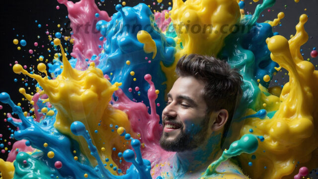 Paint Splat Fun - Hot men having fun with body paint. AI-generated abstract art featuring beautiful, handsome, sexy, shirtless, men, boys, lads, full of excitement joy and fun, covered in body paint, dynamic, interactive, Combining elements of realism with surreal abstract qualities, showcasing the potential of AI in artistic expression. Photos of guys, just smiling, happy, and having a good time. Most of them are smiling because a paint bomb just blow up next to them, so I'm calling is Abstract Art. When paint attacks and makes people happy, it's Art!