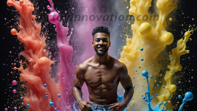 Paint Splat Fun - Hot men having fun with body paint. AI-generated abstract art featuring beautiful, handsome, sexy, shirtless, men, boys, lads, full of excitement joy and fun, covered in body paint, dynamic, interactive, Combining elements of realism with surreal abstract qualities, showcasing the potential of AI in artistic expression. Photos of guys, just smiling, happy, and having a good time. Most of them are smiling because a paint bomb just blow up next to them, so I'm calling is Abstract Art. When paint attacks and makes people happy, it's Art!
