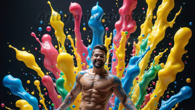 Paint Splat Fun - Hot men having fun with body paint. AI-generated abstract art featuring beautiful, handsome, sexy, shirtless, men, boys, lads, full of excitement joy and fun, covered in body paint, dynamic, interactive, Combining elements of realism with surreal abstract qualities, showcasing the potential of AI in artistic expression. Photos of guys, just smiling, happy, and having a good time. Most of them are smiling because a paint bomb just blow up next to them, so I'm calling is Abstract Art. When paint attacks and makes people happy, it's Art!