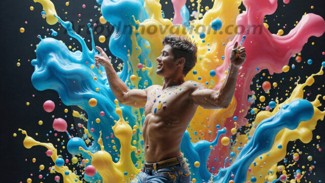 Paint Splat Fun - Hot men having fun with body paint. AI-generated abstract art featuring beautiful, handsome, sexy, shirtless, men, boys, lads, full of excitement joy and fun, covered in body paint, dynamic, interactive, Combining elements of realism with surreal abstract qualities, showcasing the potential of AI in artistic expression. Photos of guys, just smiling, happy, and having a good time. Most of them are smiling because a paint bomb just blow up next to them, so I'm calling is Abstract Art. When paint attacks and makes people happy, it's Art!
