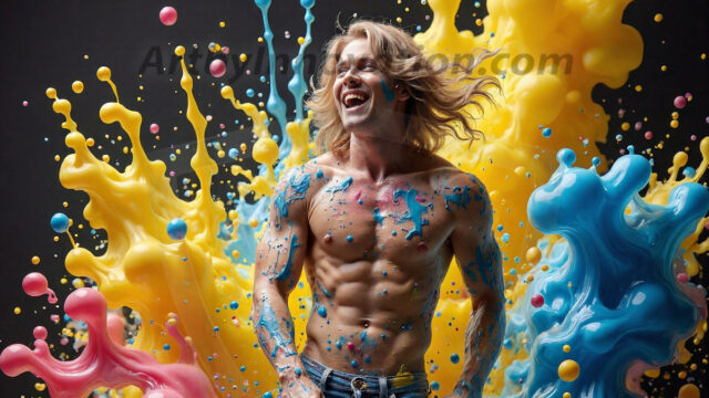 Paint Splat Fun - Hot men having fun with body paint. AI-generated abstract art featuring beautiful, handsome, sexy, shirtless, men, boys, lads, full of excitement joy and fun, covered in body paint, dynamic, interactive, Combining elements of realism with surreal abstract qualities, showcasing the potential of AI in artistic expression. Photos of guys, just smiling, happy, and having a good time. Most of them are smiling because a paint bomb just blow up next to them, so I'm calling is Abstract Art. When paint attacks and makes people happy, it's Art!