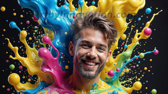 Paint Splat Fun - Hot men having fun with body paint. AI-generated abstract art featuring beautiful, handsome, sexy, shirtless, men, boys, lads, full of excitement joy and fun, covered in body paint, dynamic, interactive, Combining elements of realism with surreal abstract qualities, showcasing the potential of AI in artistic expression. Photos of guys, just smiling, happy, and having a good time. Most of them are smiling because a paint bomb just blow up next to them, so I'm calling is Abstract Art. When paint attacks and makes people happy, it's Art!