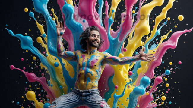 Paint Splat Fun - Hot men having fun with body paint. AI-generated abstract art featuring beautiful, handsome, sexy, shirtless, men, boys, lads, full of excitement joy and fun, covered in body paint, dynamic, interactive, Combining elements of realism with surreal abstract qualities, showcasing the potential of AI in artistic expression. Photos of guys, just smiling, happy, and having a good time. Most of them are smiling because a paint bomb just blow up next to them, so I'm calling is Abstract Art. When paint attacks and makes people happy, it's Art!