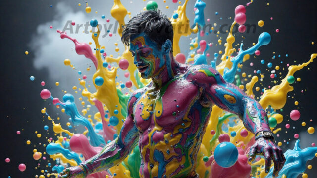 Paint Splat Fun - Hot men having fun with body paint. AI-generated abstract art featuring beautiful, handsome, sexy, shirtless, men, boys, lads, full of excitement joy and fun, covered in body paint, dynamic, interactive, Combining elements of realism with surreal abstract qualities, showcasing the potential of AI in artistic expression. Photos of guys, just smiling, happy, and having a good time. Most of them are smiling because a paint bomb just blow up next to them, so I'm calling is Abstract Art. When paint attacks and makes people happy, it's Art!