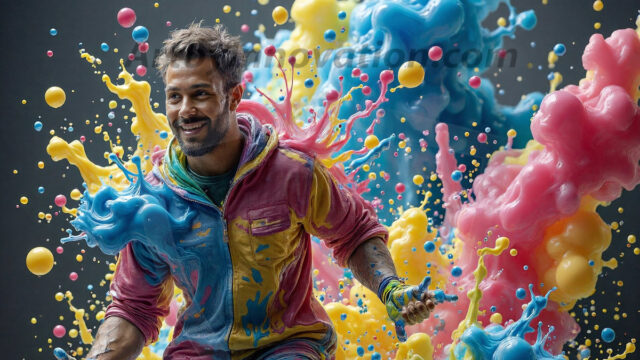 Paint Splat Fun - Hot men having fun with body paint. AI-generated abstract art featuring beautiful, handsome, sexy, shirtless, men, boys, lads, full of excitement joy and fun, covered in body paint, dynamic, interactive, Combining elements of realism with surreal abstract qualities, showcasing the potential of AI in artistic expression. Photos of guys, just smiling, happy, and having a good time. Most of them are smiling because a paint bomb just blow up next to them, so I'm calling is Abstract Art. When paint attacks and makes people happy, it's Art!