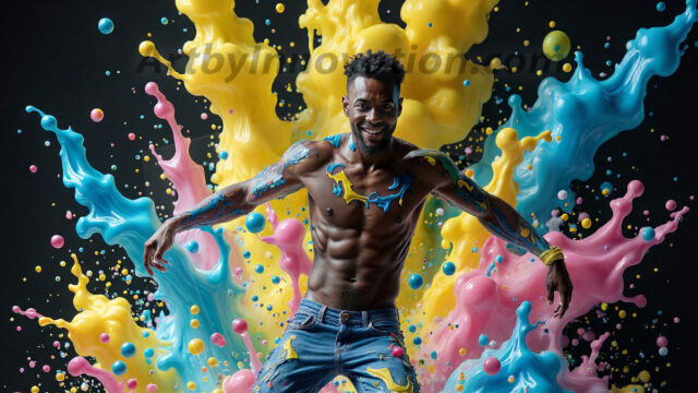 Paint Splat Fun - Hot men having fun with body paint. AI-generated abstract art featuring beautiful, handsome, sexy, shirtless, men, boys, lads, full of excitement joy and fun, covered in body paint, dynamic, interactive, Combining elements of realism with surreal abstract qualities, showcasing the potential of AI in artistic expression. Photos of guys, just smiling, happy, and having a good time. Most of them are smiling because a paint bomb just blow up next to them, so I'm calling is Abstract Art. When paint attacks and makes people happy, it's Art!