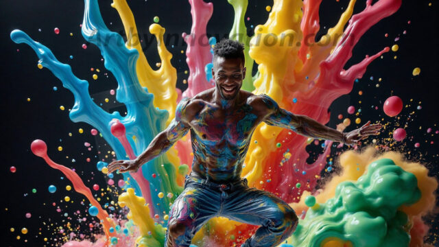 Paint Splat Fun - Hot men having fun with body paint. AI-generated abstract art featuring beautiful, handsome, sexy, shirtless, men, boys, lads, full of excitement joy and fun, covered in body paint, dynamic, interactive, Combining elements of realism with surreal abstract qualities, showcasing the potential of AI in artistic expression. Photos of guys, just smiling, happy, and having a good time. Most of them are smiling because a paint bomb just blow up next to them, so I'm calling is Abstract Art. When paint attacks and makes people happy, it's Art!