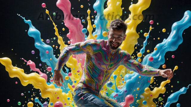 Paint Splat Fun - Hot men having fun with body paint. AI-generated abstract art featuring beautiful, handsome, sexy, shirtless, men, boys, lads, full of excitement joy and fun, covered in body paint, dynamic, interactive, Combining elements of realism with surreal abstract qualities, showcasing the potential of AI in artistic expression. Photos of guys, just smiling, happy, and having a good time. Most of them are smiling because a paint bomb just blow up next to them, so I'm calling is Abstract Art. When paint attacks and makes people happy, it's Art!