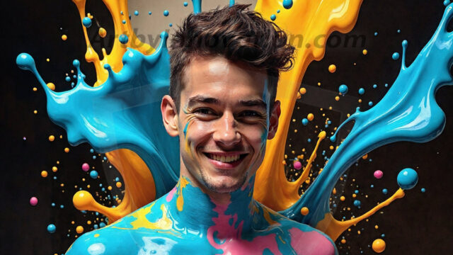 Paint Splat Fun - Hot men having fun with body paint. AI-generated abstract art featuring beautiful, handsome, sexy, shirtless, men, boys, lads, full of excitement joy and fun, covered in body paint, dynamic, interactive, Combining elements of realism with surreal abstract qualities, showcasing the potential of AI in artistic expression. Photos of guys, just smiling, happy, and having a good time. Most of them are smiling because a paint bomb just blow up next to them, so I'm calling is Abstract Art. When paint attacks and makes people happy, it's Art!