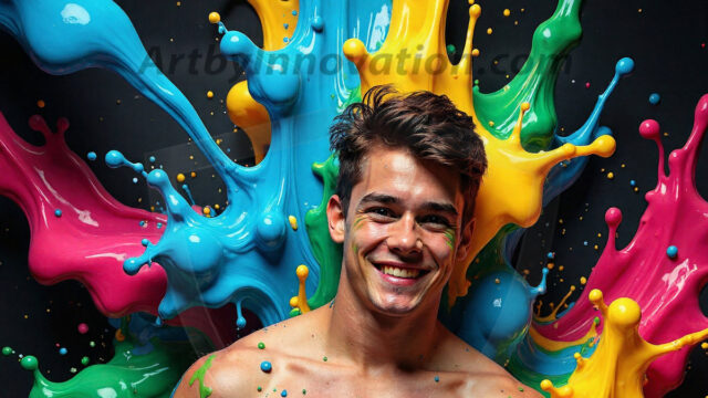 Paint Splat Fun - Hot men having fun with body paint. AI-generated abstract art featuring beautiful, handsome, sexy, shirtless, men, boys, lads, full of excitement joy and fun, covered in body paint, dynamic, interactive, Combining elements of realism with surreal abstract qualities, showcasing the potential of AI in artistic expression. Photos of guys, just smiling, happy, and having a good time. Most of them are smiling because a paint bomb just blow up next to them, so I'm calling is Abstract Art. When paint attacks and makes people happy, it's Art!